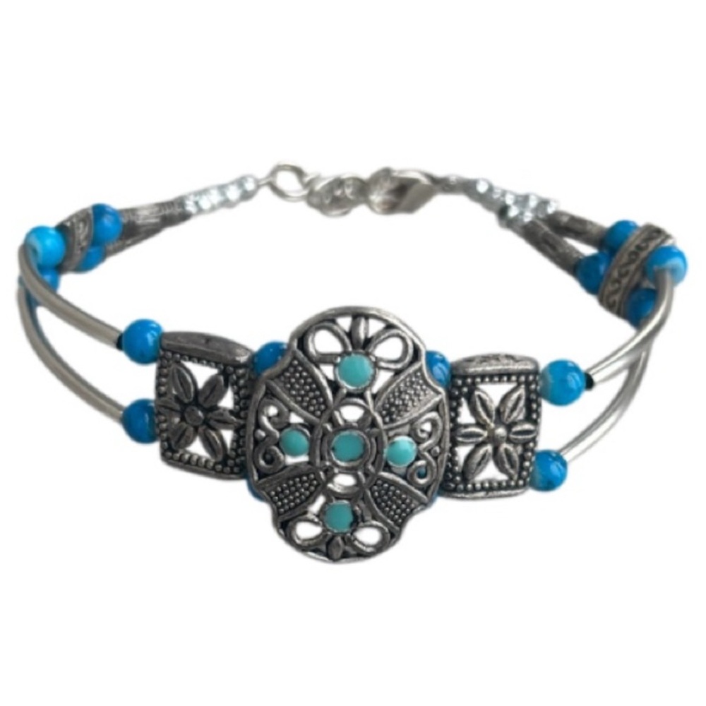 Vintage Silver Cuff Bracelet Handmade Hand Crafted Jewelry Blue Green Turquoise - Picture 16 of 16